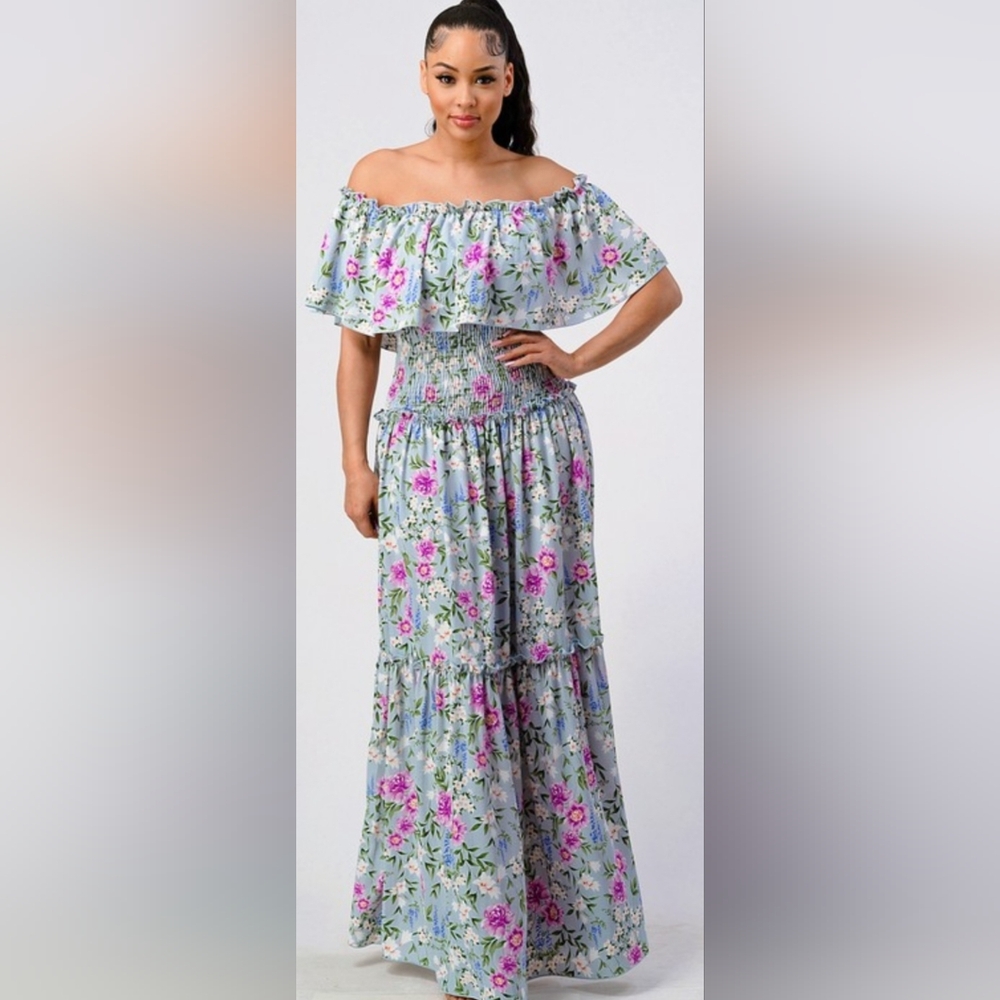 Blue.S off-shoulder ruffle overlay smocked maxi dress size medium (blue/…